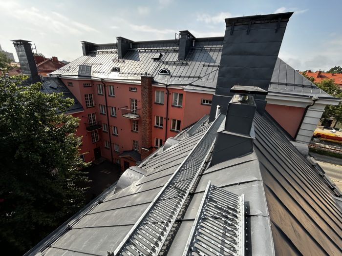Huoltopinnoitettu peltikatto ja katon kulkusilta