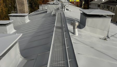 Inkoonkadun vesikaton huoltomaalaus: harmaa peltikate, kattosilta ja piippujen pellitykset Helsingissä.